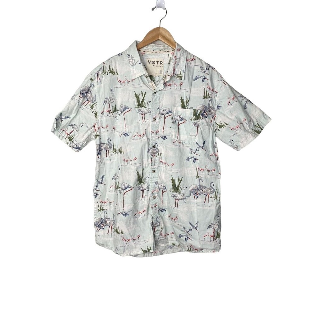 VSTR Men’s Short Sleeve Button Shirt Flamingo Birds Green Size Xl